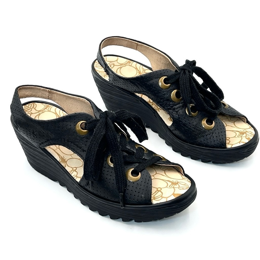 Fly London Ylva Black Leather Lace Up Wedge Peep Toe Comfort Sandals EU 39 US 8